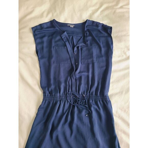 Vince Mini Shirt Dress Womens Large Blue Sleeveless Elastic Wasit 100% Polyester - Picture 4 of 8